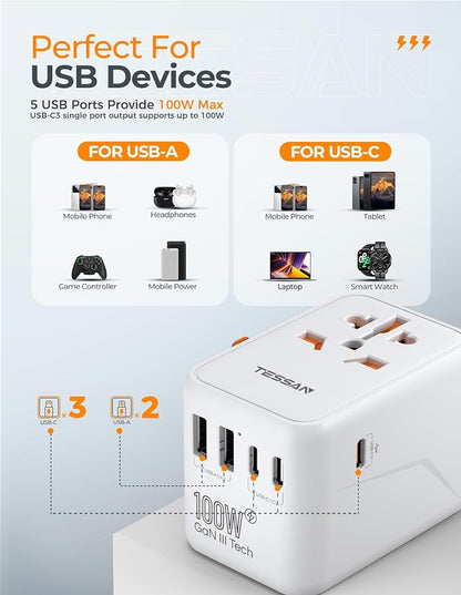 TESSAN Universal Travel Adapter 100W GaN | International Power Adapter, 5 USB Ports (3 USB C), Worldwide Outlet US to Europe UK AUS Ireland, Type C/G/A/I
