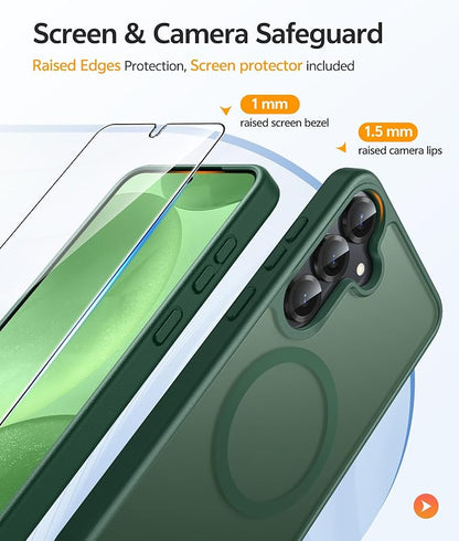 FNTCASE for Samsung Galaxy S25/S24 Case, Fit for Magsafe, Screen Protector | Translucent Matte Magnetic Back, 14FT Military Grade Drop Protection, Shockproof Protective Phone Cover, Green