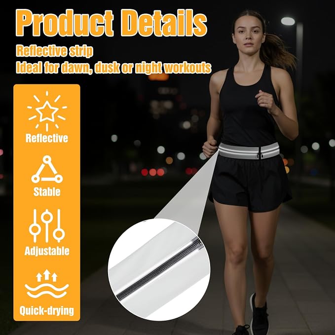 Slim Running Belt with 2 Pockets for women & Men Runners Fanny Pack Phone Holder,Reflective Fanny Pack,Running Gear Accessories with Buckle(Grey)