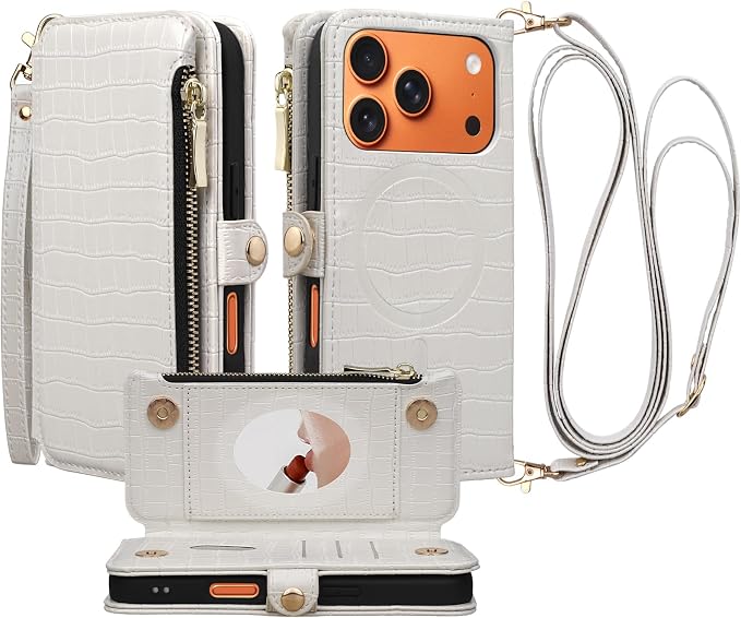 Crossbody Wallet Case for iPhone 17 Pro with Mirror, Wrist Strap, Zipper Purse Magnetic Flip, RFID Blocking Card Holder, Wireless Charging, PU Leather Shockproof 6.3" Women (White)