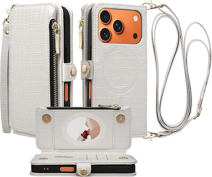 Crossbody Wallet Case for iPhone 17 Pro with Mirror, Wrist Strap, Zipper Purse Magnetic Flip, RFID Blocking Card Holder, Wireless Charging, PU Leather Shockproof 6.3" Women (White)