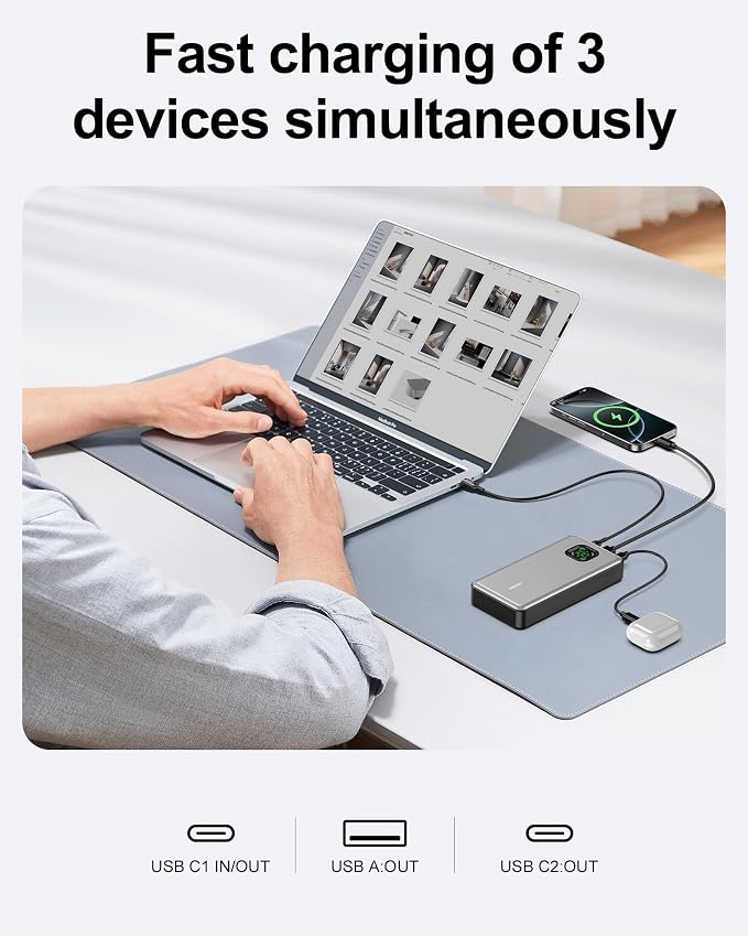 65W Power Bank, 25000mAh Laptop Portable Charger, 100W Total Fast Charging Battery Pack for MacBook Dell XPS iPad Tablet Steam Deck iPhone 17-12 Series Samsung Switch and More Silver