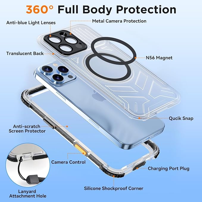 WIFORT for iPhone 16 Pro Max Waterproof Case, [IP68 Underwater] [Blue Light Filter Lens] [15FT Military Shockproof], Fit for Magsafe Full Body Magnetic Frosted Phone Case with Lanyard, 6.9" Black
