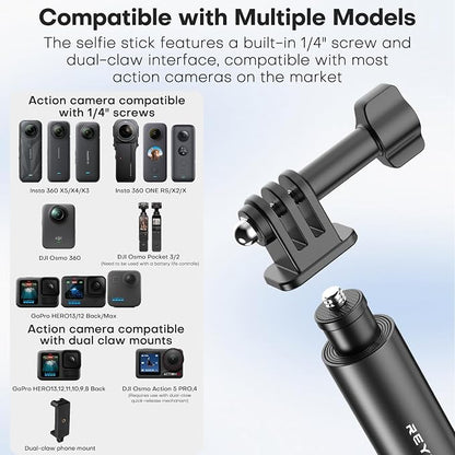 REYGEAK 51 Inch Invisible Selfie Stick for Insta360 X5,Extension Selfie Pole with Dual-Claws,Aluminum Waterproof Long Monopod for GoPro13/12/11/10/9/Osmo360/Action 5 Pro/4/3/Pocket 3 Accessories
