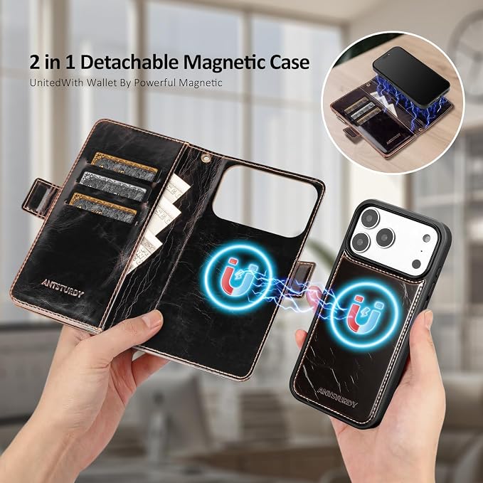 Antsturdy Compatible with Magsafe Magnetic 2 in 1 Detachable iPhone 17 Pro Wallet Case with Credit Card Holder Slots,PU Leather RFID Blocking Phone Cover Wrist Strap Zipper Women Men,Coffee