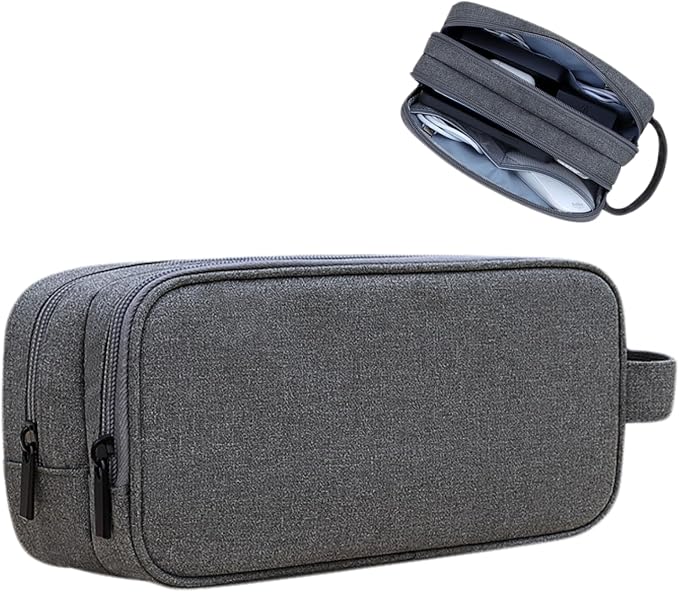 Teskyer Double Layer Cable Organizer Bag, Travel Tech Pouch, Dark Grey | Elastic Bands Organization, Water Resistant Fabric, Multiple Compartments, Padded Protection, Travel and Office Use