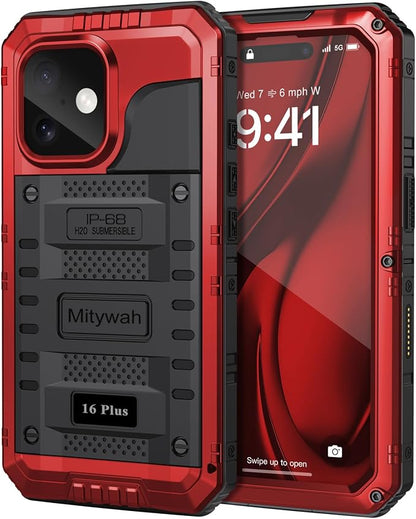 Mitywah Waterproof Case for iPhone 16 Plus, Shockproof Heavy Duty Case with Built-in Screen Protector, Underwater Full Body Protective Metal Case 6.7 inch, Red