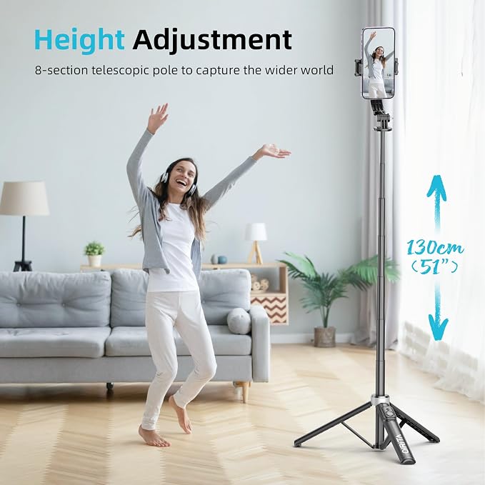 51" Selfie Stick Tripod, Extendable Cell Phone Stand with Remote, Aluminum Alloy Smartphone Travel Tripod Phone Stand for iPhone 15/14/13/12 Pro Max, Samsung, Huawei, GoPro