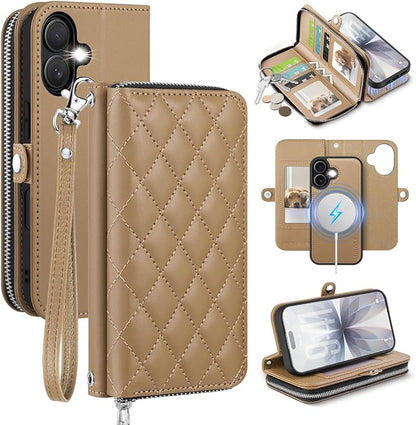 OCASE for iPhone 17 Crossbody Detachable Wallet Case, PU Leather Handbag Phone Purse with Zipper Closure, Card Slots & RFID Blocking, Wrist Strap, Lanyard, Kickstand, Diamond Check Khaki