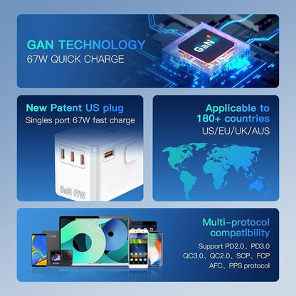 67W GaN Universal Travel Plug Adapter - International Power Adapter with 3 USB C & 1 USB A, Worldwide Power Outlet Travel Essentials for USA to European UK AUS Ireland, Type C/G/I/A (White)