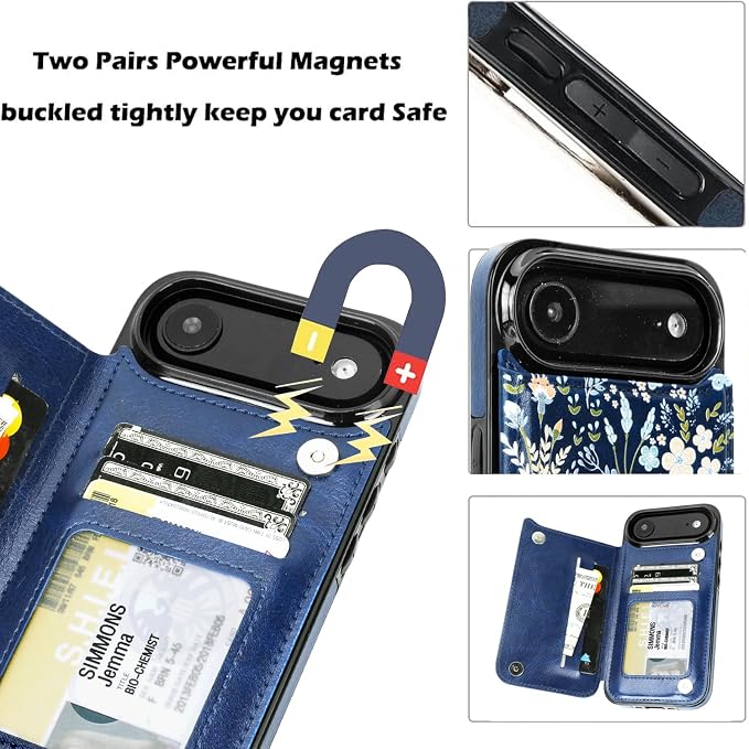 uCOLOR for iPhone 17 Air Wallet Case with Card Holder PU Leather RFID Blocking Design iPhone Air flip case for Women Men Magnetic Clasp Kickstand Design 6.5 inch (Blue Daisy)