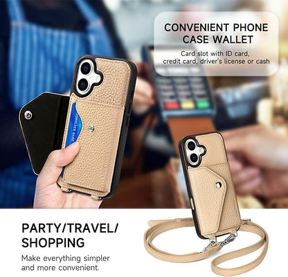LUCKYCOIN for iPhone 17 Crossbody Wallet Case – Genuine Leather Phone Purse with Adjustable Strap and Card Holder,Lanyard Phone Purse Case for Women,Pebble Grain Beige