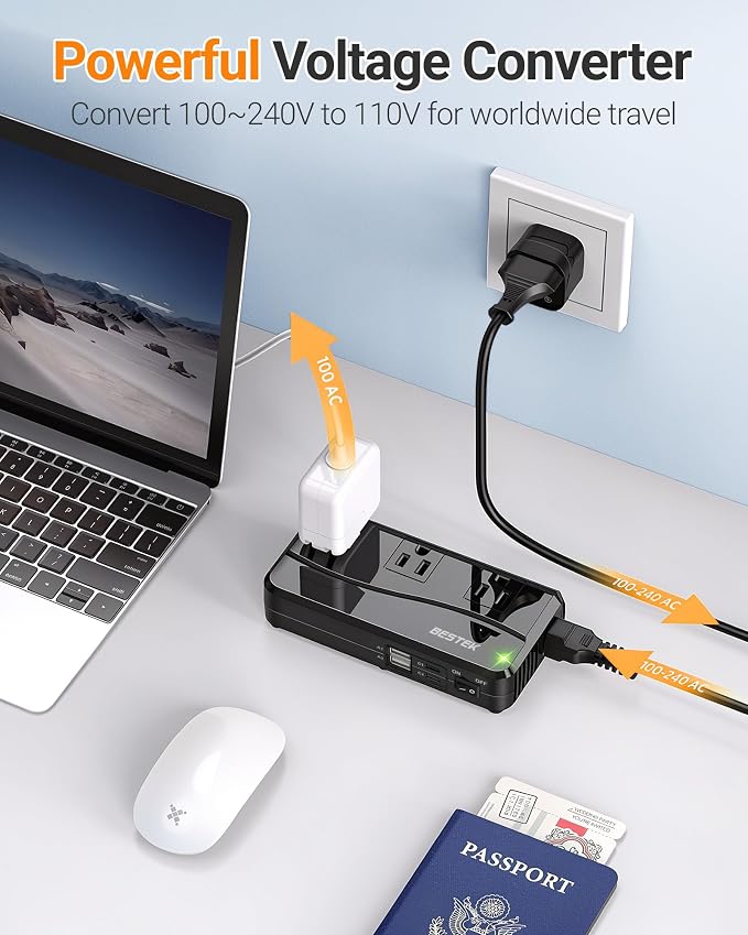 BESTEK Universal Travel Adapter 220V to 110V Voltage Converter, 300W Step Down Power Converter with 4 USB Ports(PD20W) & 3 AC Outlets and EU/UK/AU/US/India Worldwide Plug Adapter