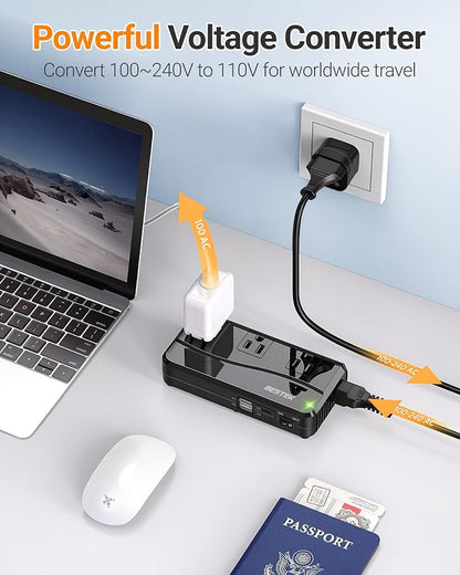 BESTEK Universal Travel Adapter 220V to 110V Voltage Converter, 300W Step Down Power Converter with 4 USB Ports(PD20W) & 3 AC Outlets and EU/UK/AU/US/India Worldwide Plug Adapter