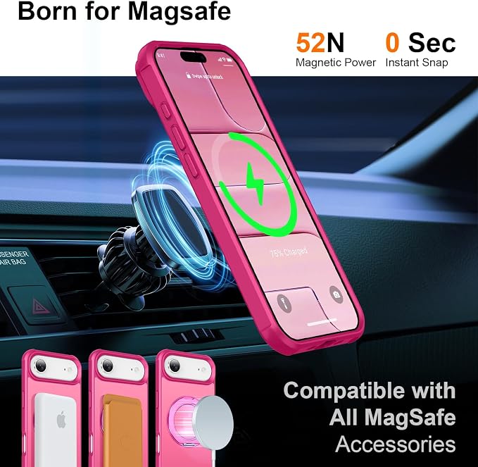 360° Magnetic Swivel Ring for iPhone 17 air case, Built-in Metal Stand and Ring Holder, Magsafe Compatible, Military Grade Protection, Shockproof - Rose Pink