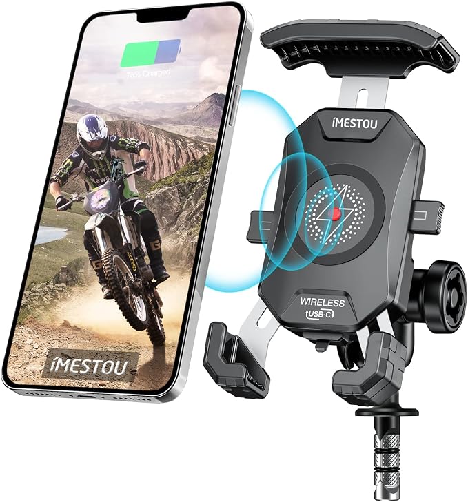 iMESTOU Motorcycle Fork Stem Phone Mount Wireless/USB C Charger with RAM 1" Ball Fits for Kawasaki, Ducati, Honda, BMW etc. with Fork Hole Dia. 0.47"-1" Quick Charge for 4.0"-6.8" Smartphones