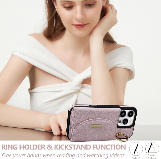 Keallce Wallet Case for iPhone 16 Pro 6.3'', Flip Case with Card Slots, Ring Holder Kickstand, PU Leather Protective Folio Cover for Women, Pink