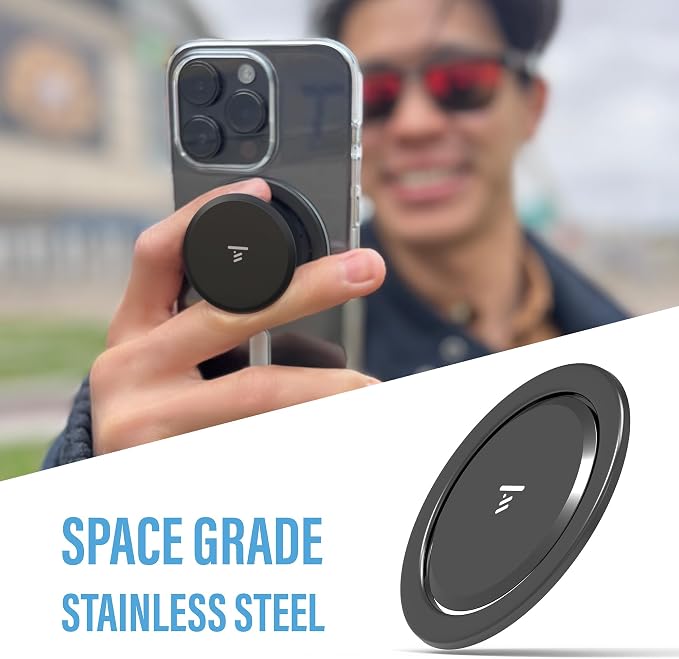 Tango Ultra Thin Grip for MagSafe: One Hand Open, Stand, 10x Expandable, Space Grade Steel, Removable for Wireless Charging. Half The Thickness, Twice The Fidget - Black