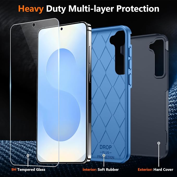SPIDERCASE Designed for Samsung Galaxy S25 Plus Case, [10 FT Military Grade Drop Protection],2 Pack [Tempered Glass Screen Protector+Camera Lens Protector] Heavy Duty Shockproof Case,Dark Blue