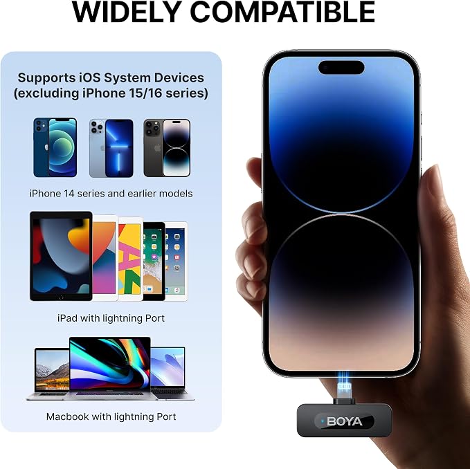 BOYA by-V1 Wireless Microphones for iPhone iPad with MFi Certified Lightning Port, 328ft Range, 9H Battery Life, Noise Reduction Mini Mic Clip on Lapel Microphone Wireless for Video Recroding