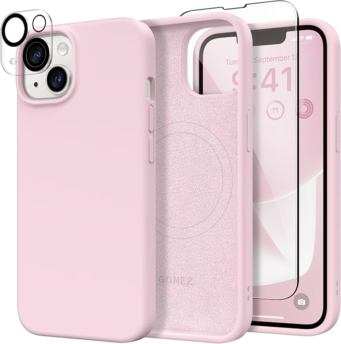 GONEZ Magnetic for iPhone 14 Case, Compatible with Magsafe, with Screen Protector + Camera Protector, Anti-Scratch Microfiber Lining, Liquid Silicone Shockproof Protective Phone Case, Pastel Pink