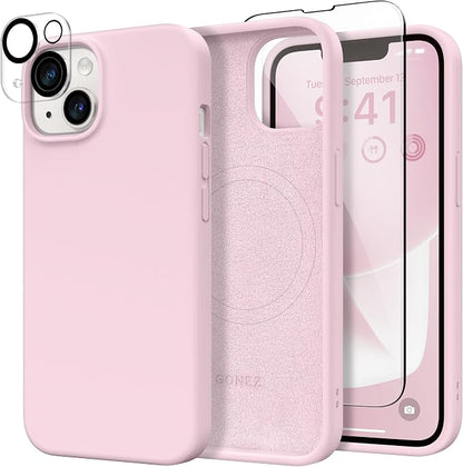GONEZ Magnetic for iPhone 14 Case, Compatible with Magsafe, with Screen Protector + Camera Protector, Anti-Scratch Microfiber Lining, Liquid Silicone Shockproof Protective Phone Case, Pastel Pink