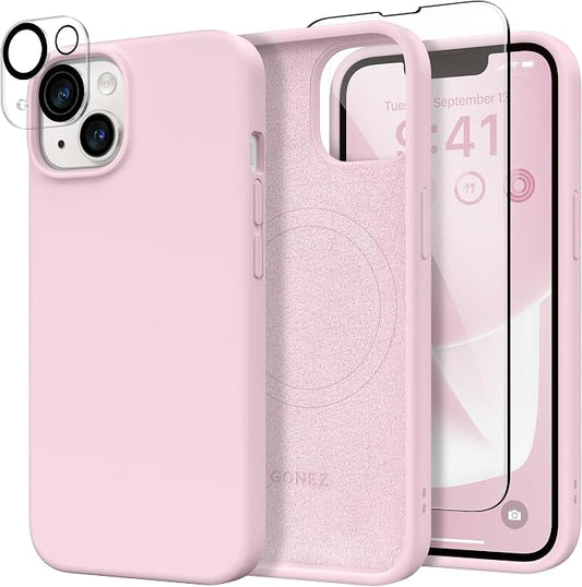 GONEZ Magnetic for iPhone 14 Case, Compatible with Magsafe, with Screen Protector + Camera Protector, Anti-Scratch Microfiber Lining, Liquid Silicone Shockproof Protective Phone Case, Pastel Pink