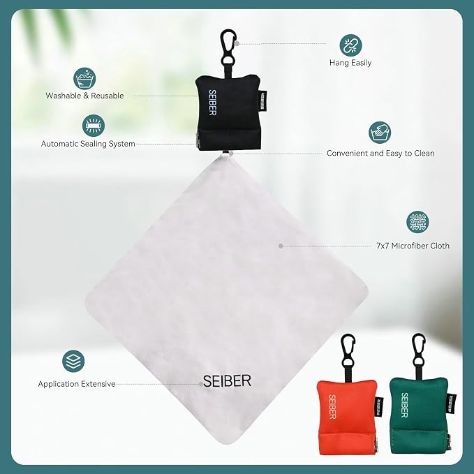 SEIBER Eyeglass Cleaning Microfiber Cloth - with Neoprene Pouch | 7 x 7 inch Glasses Cleaning Cloth for Sunglasses,Laptops, Cameras,Screen | Self-Closing Bottom(3PCS,BK OR GRN)