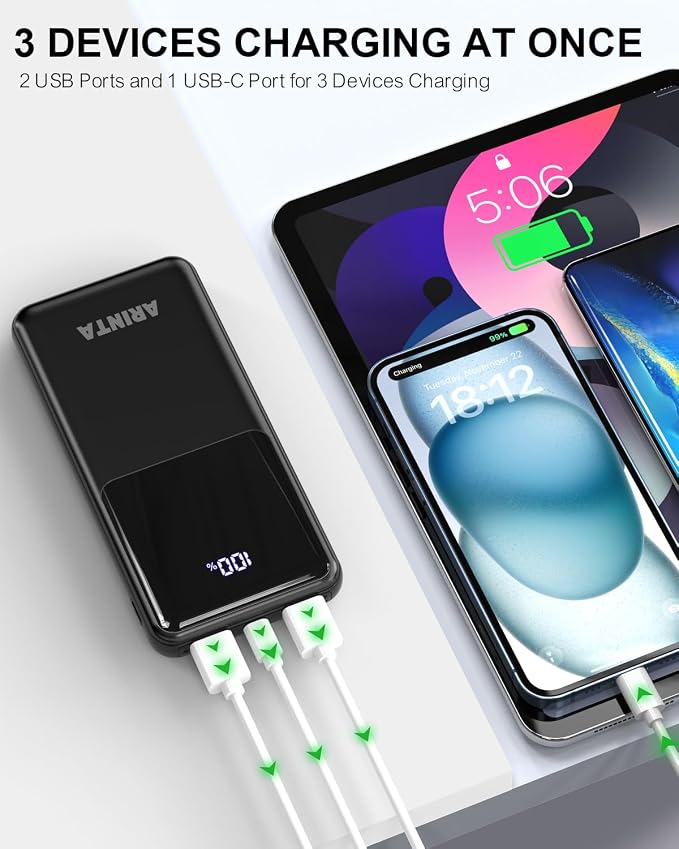 Power Bank Portable Charger 10000mAh PD 22.5W Battery Pack, LED Display & USB-C in/Out, Travel Essentials, Compatible for Smartphones, Tablets & More (Black)