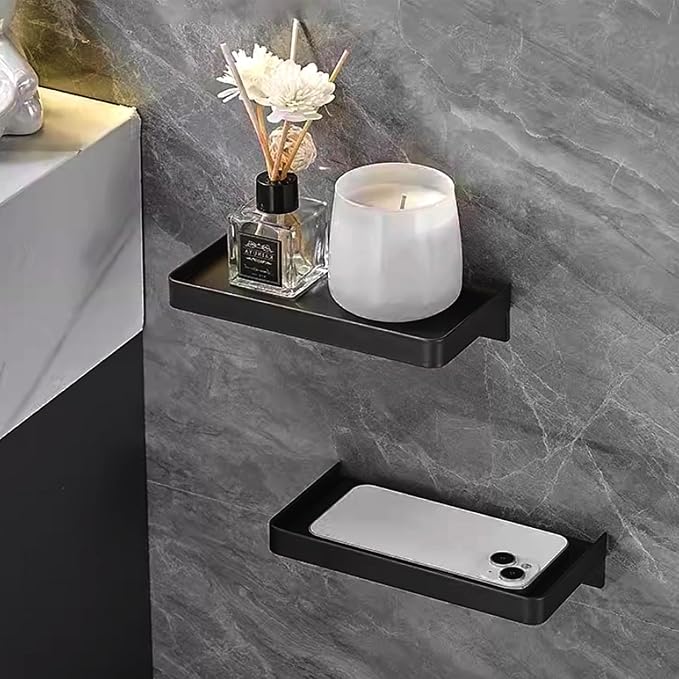 Bathroom Cell Phone Shelf, Stainless Steel Wall Mount Toilet Phone Holder Toilet Small Floating Wall Shelves, 7.3x3.5 in (Black)