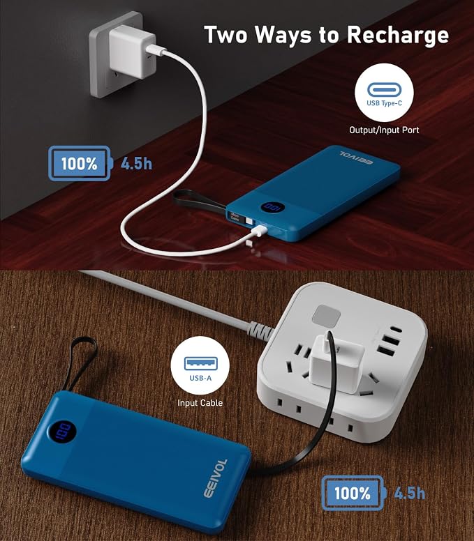 Portable Charger with Built in Cables, Slim 10000mAh Power Bank, USB C Battery Pack Travel, 4 Output 2 Input External Charging Bank for iPhone 17/16/15/14/13,Samsung, Android, etc-Blue(1 Pack)