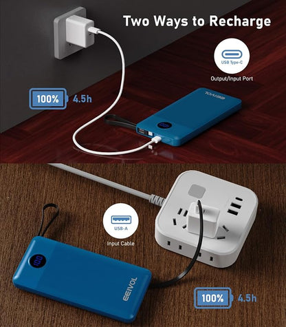 Portable Charger with Built in Cables, Slim 10000mAh Power Bank, USB C Battery Pack Travel, 4 Output 2 Input External Charging Bank for iPhone 17/16/15/14/13,Samsung, Android, etc-Blue(1 Pack)