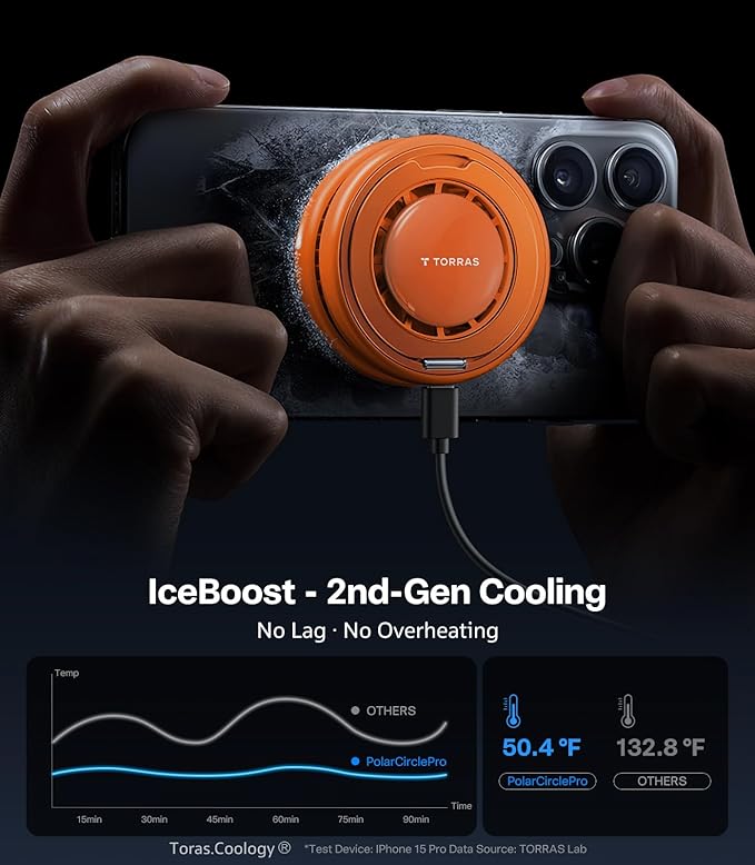 TORRAS PolarCircle Qi2.2 Wireless Charger, 25W Cooling Magnetic Pad for iPhone 17/16, Wireless Charger for Samsung Galaxy S26/S25 with 360°Spin Stand, Semiconductor Game Cooler, with 45W IceNano Plug
