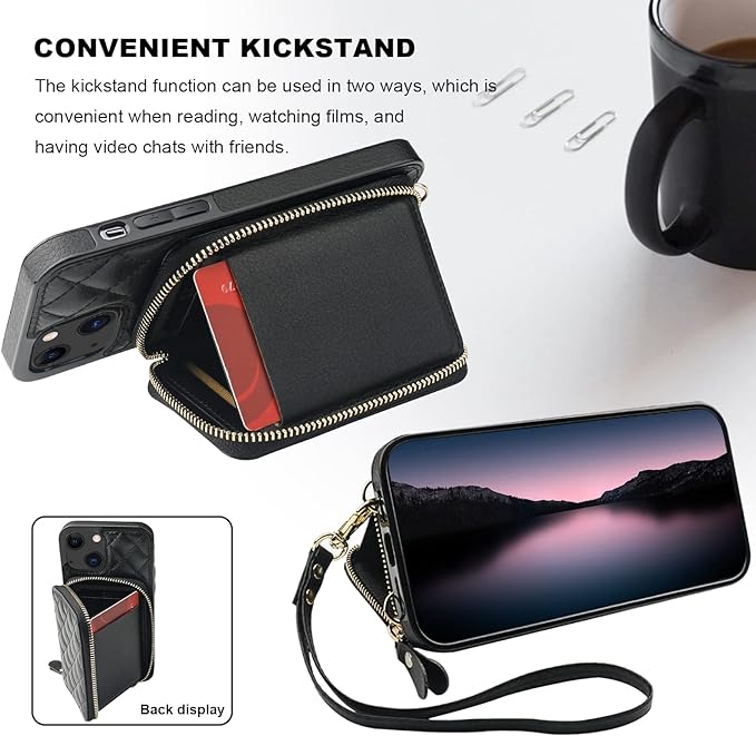 Bocasal Crossbody Wallet Case for iPhone 13, RFID Blocking PU Leather Zipper Handbag Purse Flip Cover, Kickstand Folio Case with Card Slots Holder Wrist Strap Lanyard 5G 6.1 Inch (Black)