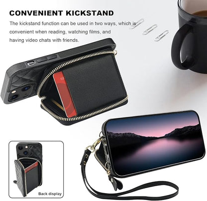 Bocasal Crossbody Wallet Case for iPhone 13, RFID Blocking PU Leather Zipper Handbag Purse Flip Cover, Kickstand Folio Case with Card Slots Holder Wrist Strap Lanyard 5G 6.1 Inch (Black)