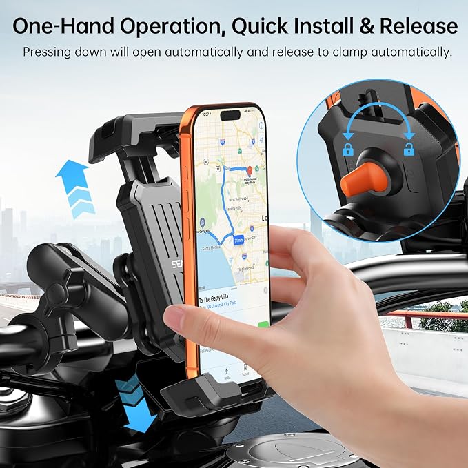 Motorcycle Phone Mount with Vibration Dampener & Security Lock, 720° Adjustable Bike Phone Holder Handlebar, Anti-Theft Motorcycle Phone Holder for iPhone 17/16/15/14/13 Series, 4.5-6.8" Phones