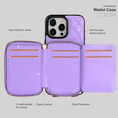 Bocasal Crossbody Wallet Case for iPhone 15 Pro Max, RFID Blocking PU Leather Zipper Handbag Purse Flip Cover, Kickstand Folio Case with Card Slots Holder Wrist Strap Lanyard 5G 6.7 Inch (Purple)