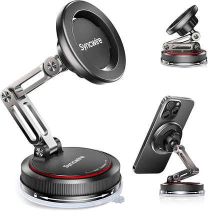 SYNCWIRE for MagSafe Car Mount [3-Axis] Nano Adhesive Gel + Strong Suction Cup Magnetic Phone Holder for Dashboard & Windshield, 360° Adjustable for iPhone 17 16 15 14 13 12, Samsung, Matte Black