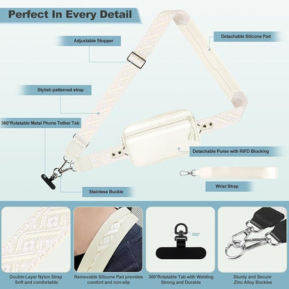 YFWE Clip and Go Strap for Phone with Wallet Crossbody, Adjustable Phone Lanyard with Detachable RFID Wristlet Wallet, Pattern Strap - Cream (L)