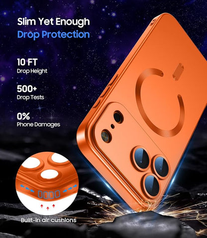 Magnetic for iPhone 17 Pro Case, Compatible with MagSafe, Built-in Camera Lens Protector, Slim Thin Soft Silicone Bumper Shockproof Metallic Luster Phone Case (Orange)