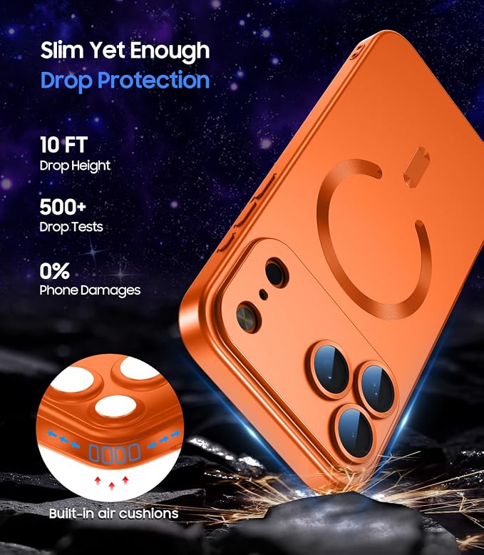 Magnetic for iPhone 17 Pro Max Case, Compatible with MagSafe, Built-in Camera Lens Protector, Slim Thin Soft Silicone Bumper Shockproof Metallic Luster Phone Case (Orange)