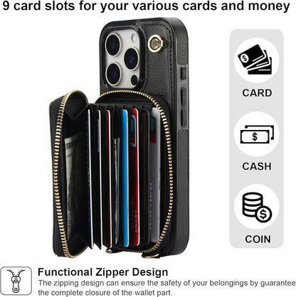 Bocasal Crossbody Wallet Case for iPhone 16 Pro, RFID Blocking Leather Purse Case with Card Holder, Protective Handbag Flip Cover with Zipper Wrist Strap Lanyard for Women 5G 6.3 Inch (Black)