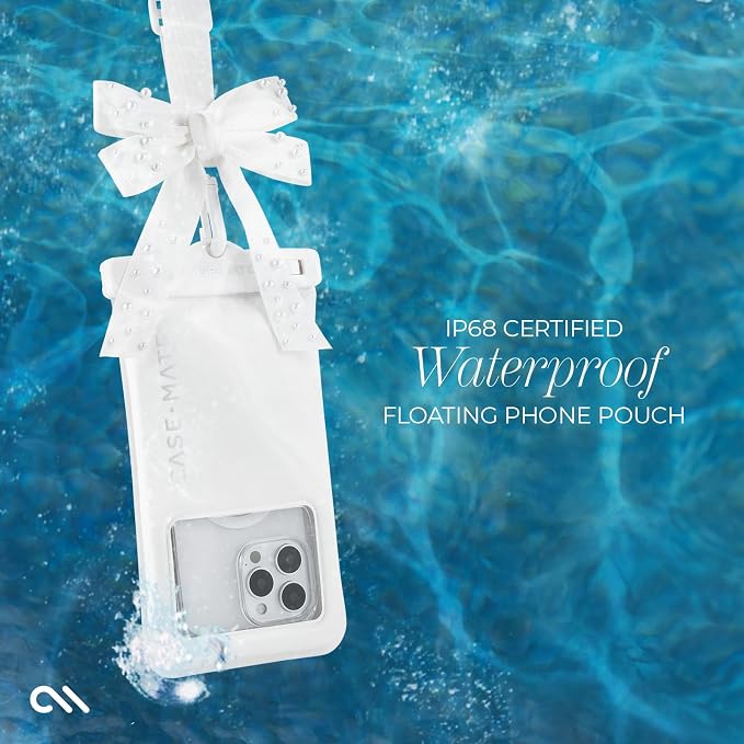 Case-Mate IP68 Waterproof Large Phone Pouch with Bow Design - Travel Beach Cruise Ship Essentials - Floating Phone Case with Crossbody Lanyard for iPhone 17 Pro Max/16 Pro/15/14/13/ S26 - Ivory Pearl