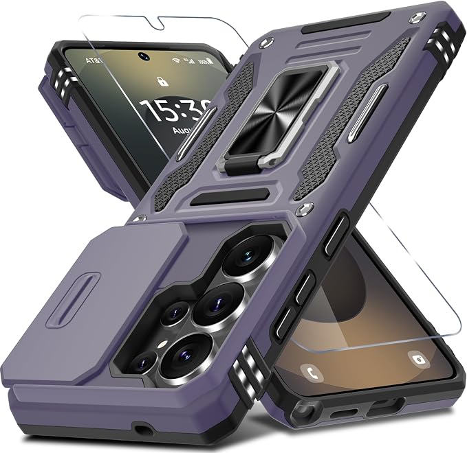 DEERLAMN Case for Samsung Galaxy S26 Ultra 6.9-Inch with Slide Camera Cover+Screen Protector(1 Pack), Rotated Ring Kickstand Military Grade Shockproof Protective Cover-Deep Purple