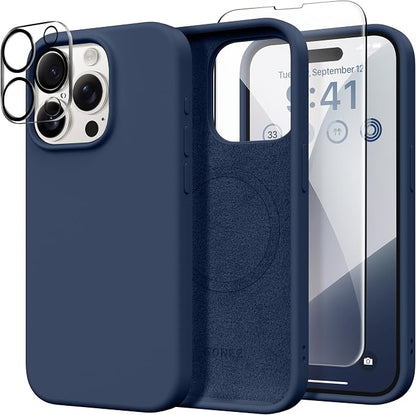 GONEZ Magnetic for iPhone 15 Pro Case, Compatible with MagSafe, [Screen Protector + Camera Lens Protector], Silicone Shockproof Anti-Scratch Protective Phone Case 6.1 inch, Dark Blue