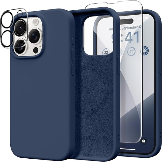 GONEZ Magnetic for iPhone 15 Pro Case, Compatible with MagSafe, [Screen Protector + Camera Lens Protector], Silicone Shockproof Anti-Scratch Protective Phone Case 6.1 inch, Dark Blue