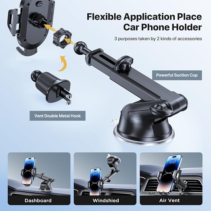 Miracase Phone Holders for Your Car, [Thick Case & Heavy Phone Friendly] Universal Cell Phone Car Mount, 3-in-1 Phone Mount for Car Dashboard Windshield Air Vent Fit for All Smartphones