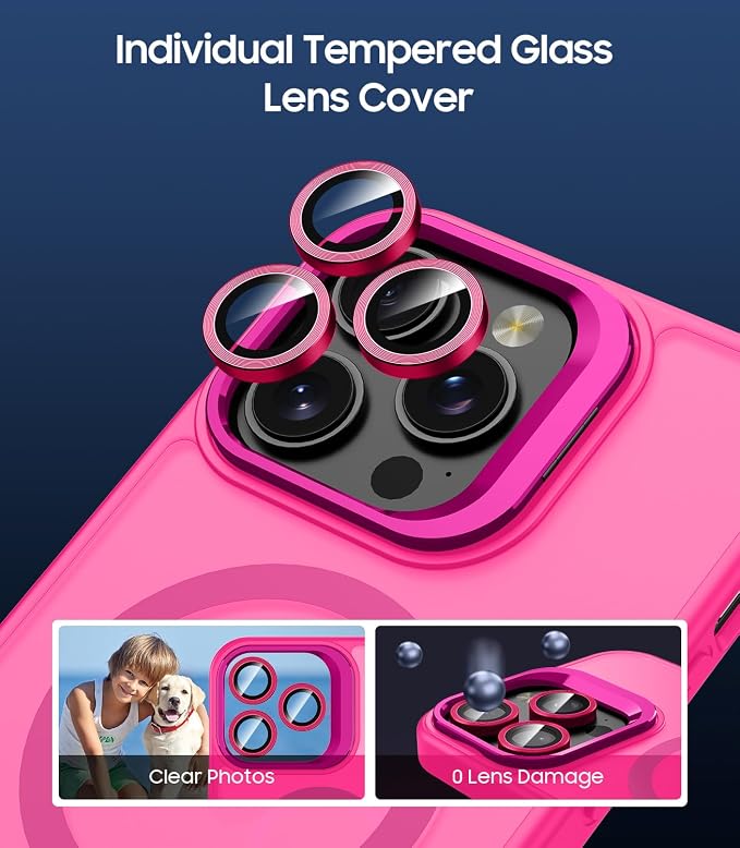 for iPhone 16 Pro Max Case, Compatible with MagSafe, Built-in Camera Ring Stand, with Individual Camera Cover, Translucent Matte Military-Grade Drop Protection Magnetic Case, Hot Pink