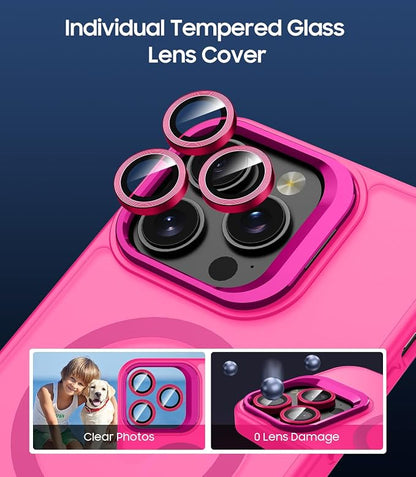 for iPhone 16 Pro Max Case, Compatible with MagSafe, Built-in Camera Ring Stand, with Individual Camera Cover, Translucent Matte Military-Grade Drop Protection Magnetic Case, Hot Pink