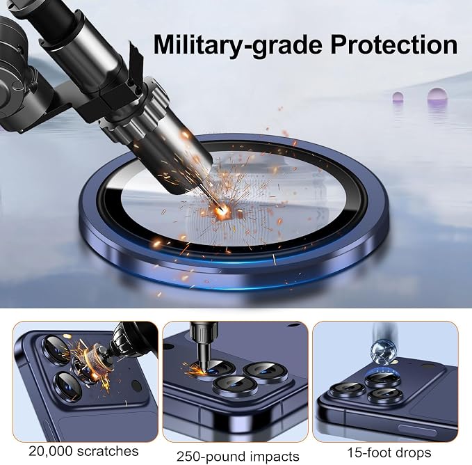 QHOHQ 2 Set Camera Lens Protector for iPhone 17 Pro Max/17 Pro/16 Pro Max/16 Pro/15 Pro Max/15 Pro, Individual Anti Shatter Lens Protector,[15FT Military Grade Protection],1-Second Auto-Install- Blue
